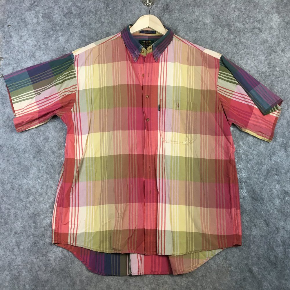 Vintage 90s Button Down Shirt XS 17 17 1/2 Multicolor Plaid Casual Ombre Short